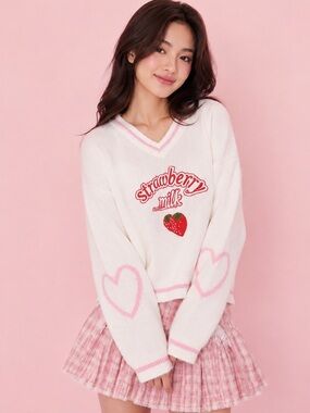 ROMWE‎ Strawberry Milk Sweater Kawaii Coquette Pink Heart Knit Top